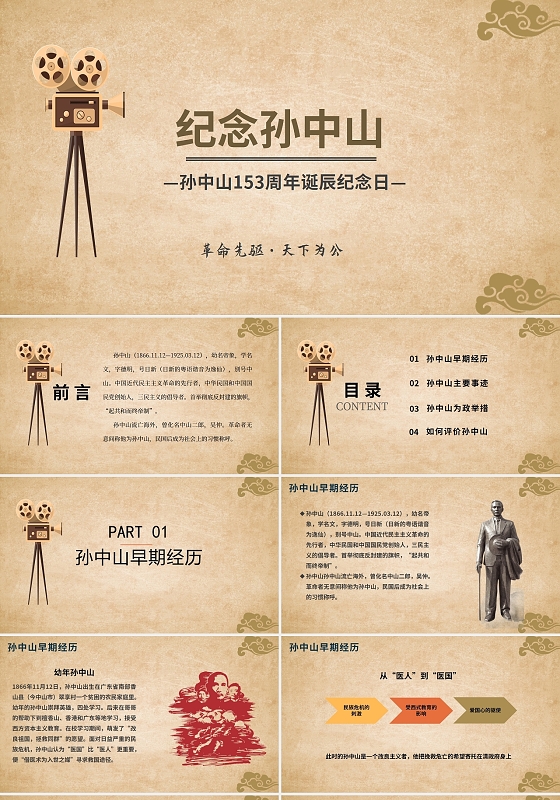 淡黄色复古孙中山诞辰纪念PPT模板