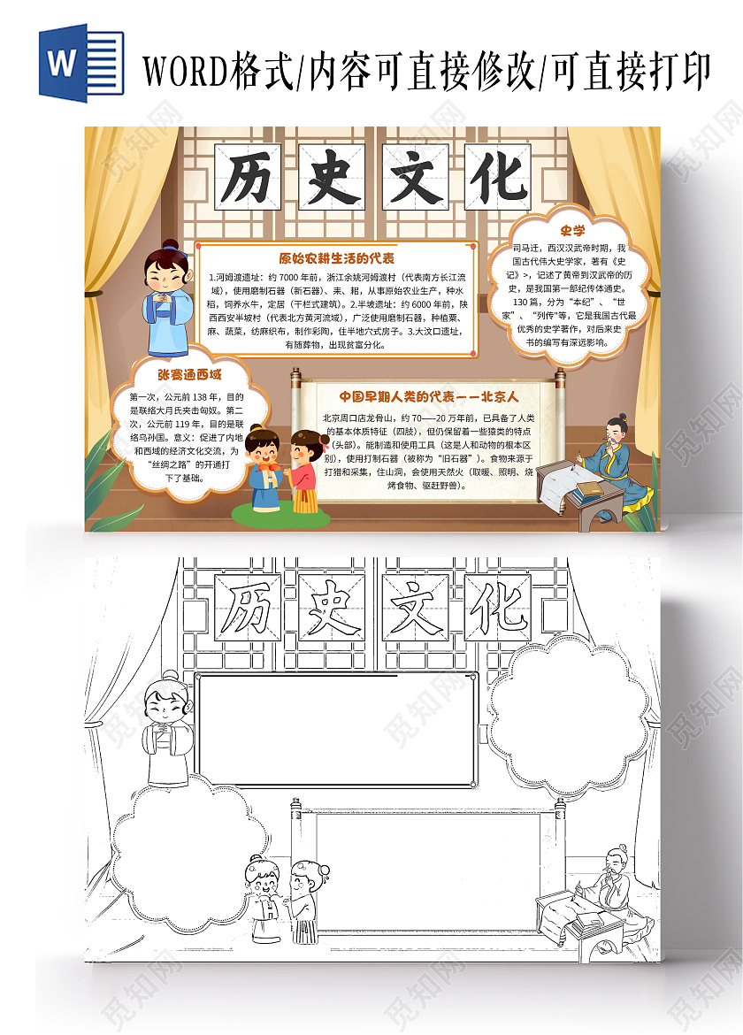 黄色卡通历史文化初一历史卡通小报手抄报