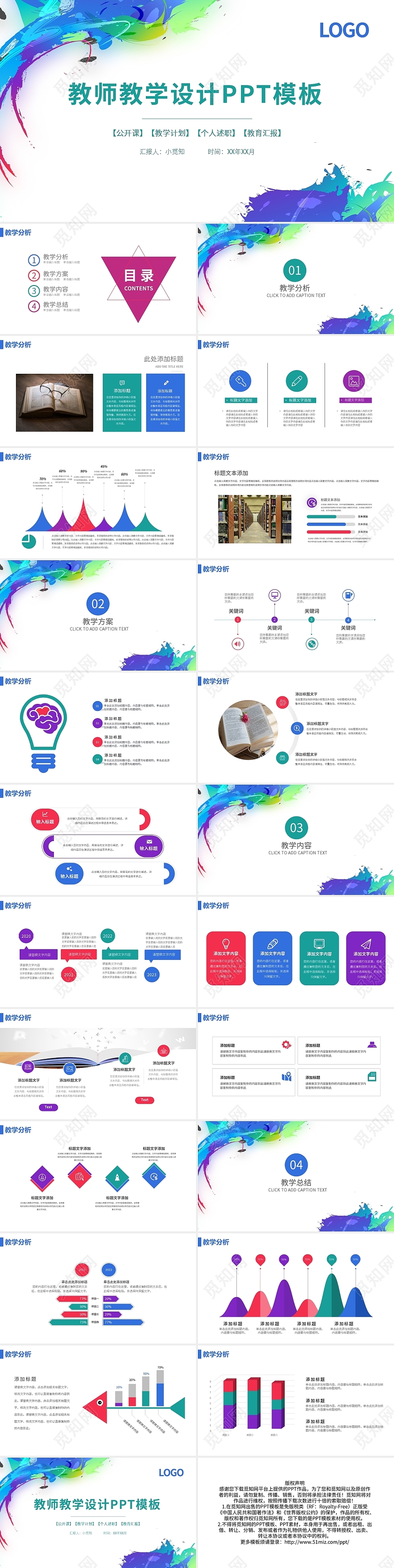 蓝绿油画风教师教学设计说课PPT模板宣传PPT动态PPT