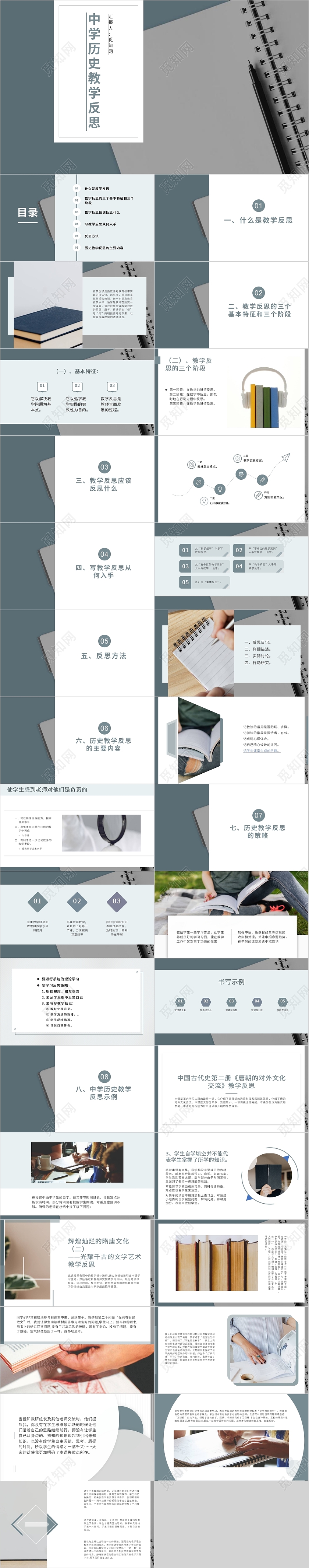 蓝色淡雅简约商务中学历史教学反思PPT模板教育学校学生教学