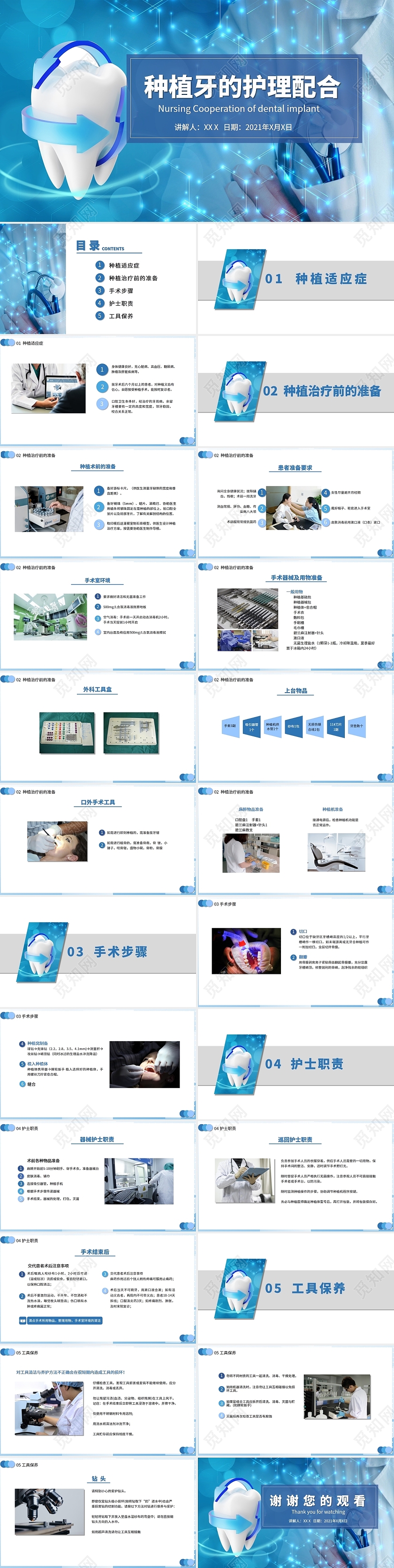 蓝色风格种植牙的护理配合PPT种牙治疗