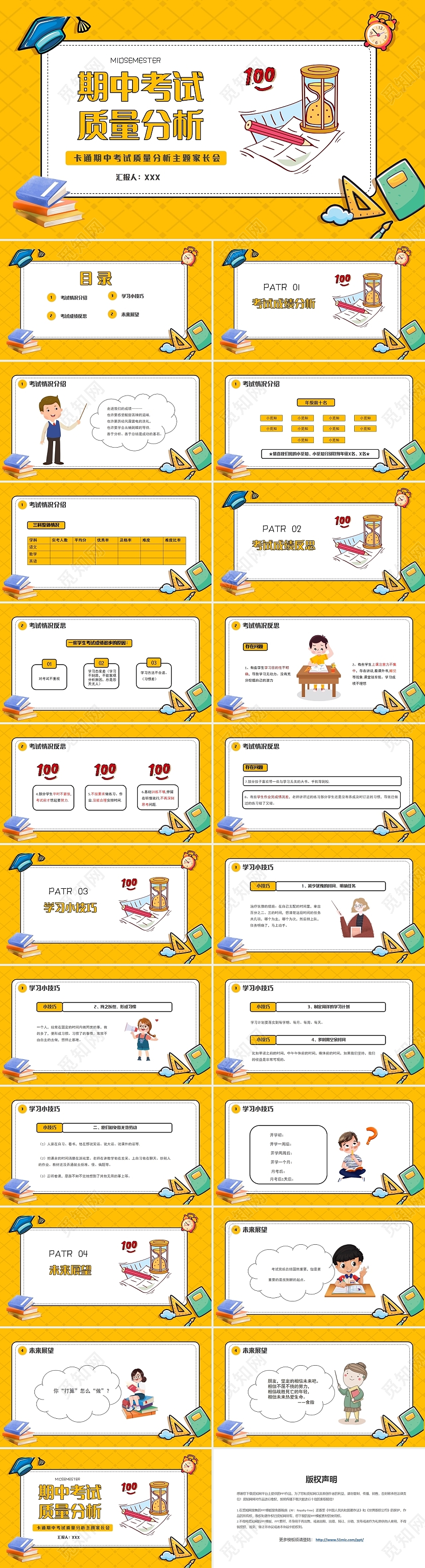 黄色卡通期中考试质量分析主题家长会PPT模板