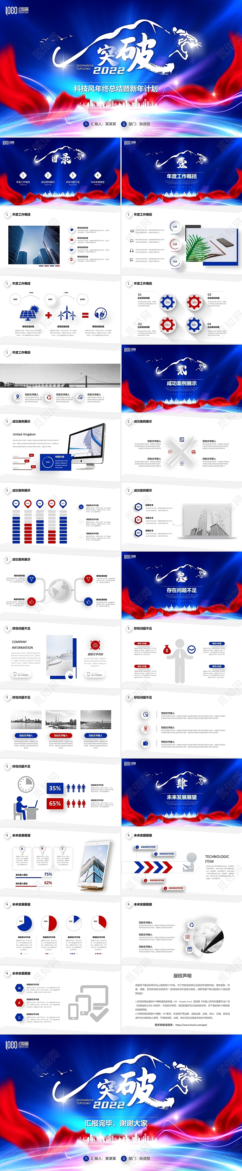 蓝红色科技风突破2022年终工作总结新年计划项目汇报PPT工作总结年终总结