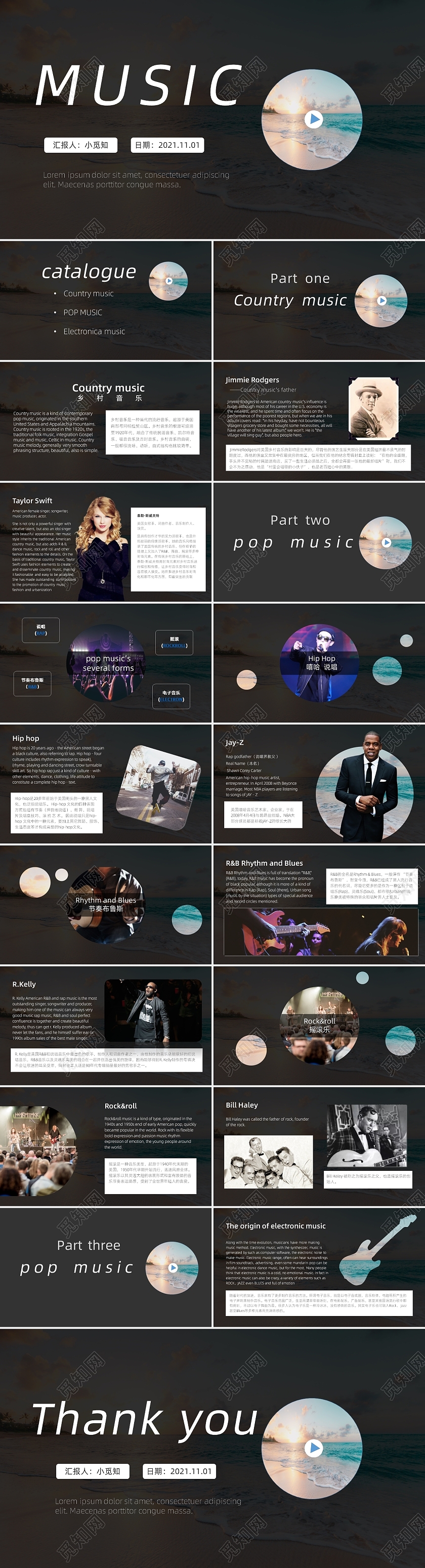 黑色  简约风 欧美音乐种类 英文ppt 课件ppt音乐种类英语ppt