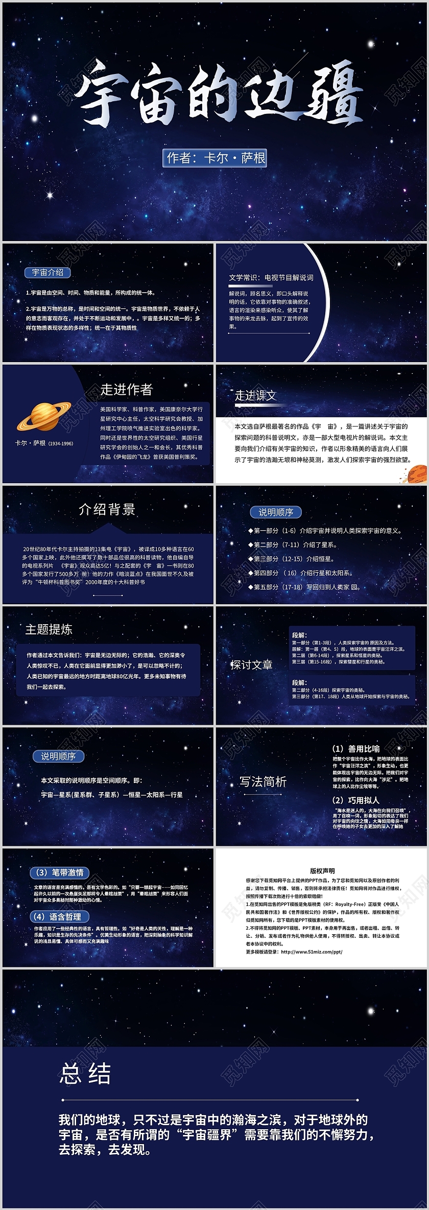 蓝色简约宇宙讲座学习培训主题班会通用PPT模板