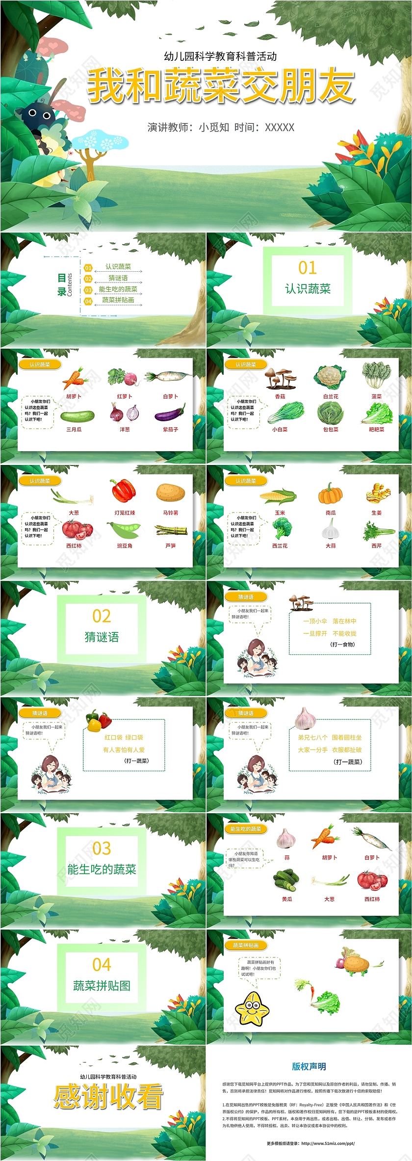 简约森林卡通幼儿园科学教育我和蔬菜交朋友儿童培训学习课件模板