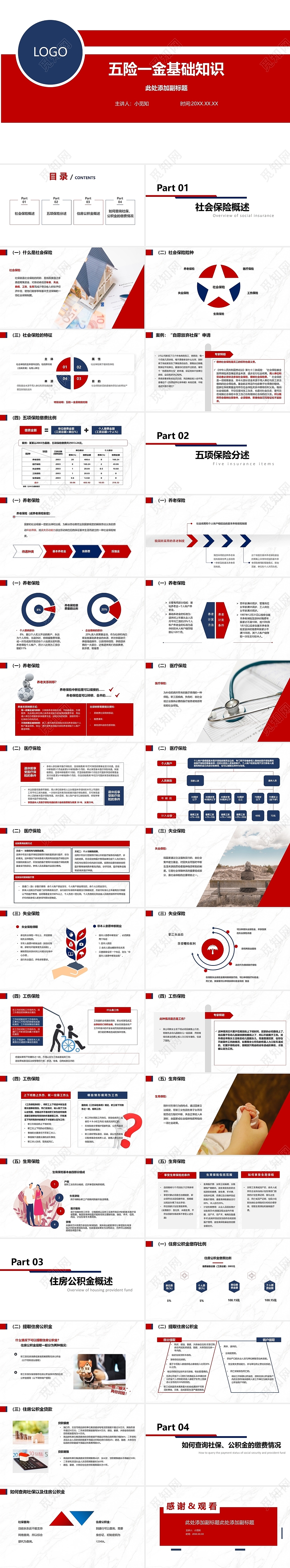 红色蓝色简约社会保险基础知识培训PPT模板