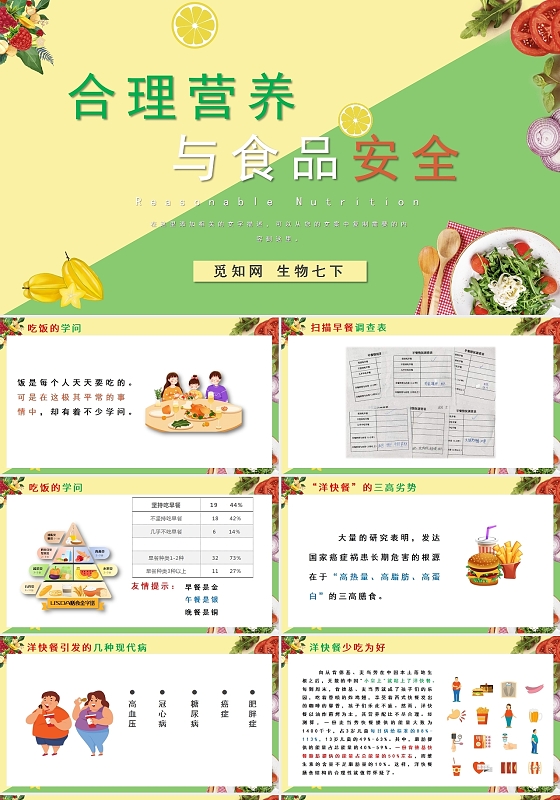 黄绿色简约风合理营养与食品安全说课PPT模板合理膳食