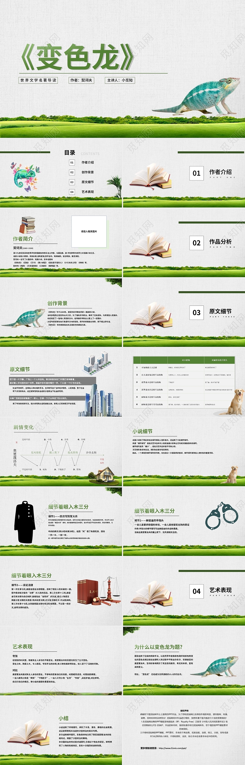绿色水彩简约变色龙名著导读PPT