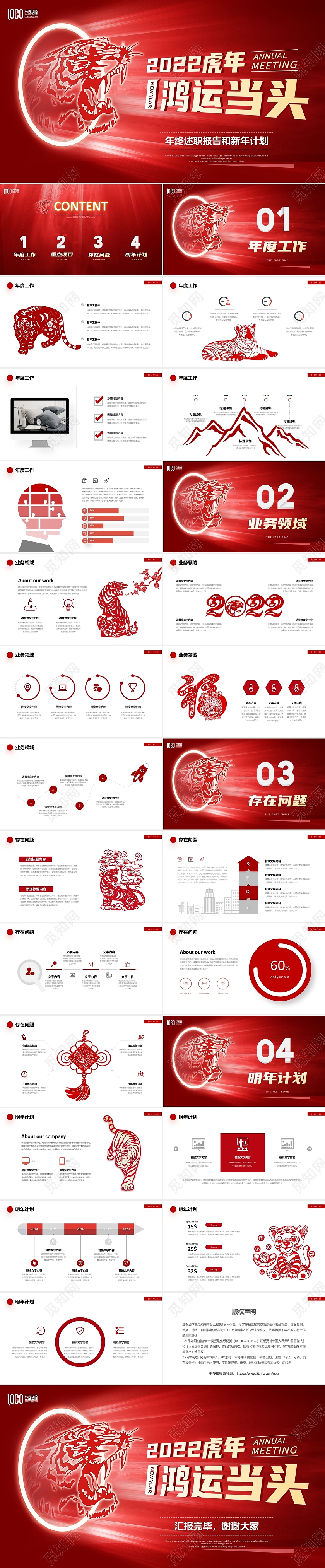 红色虎年剪纸年终工作总结述职报告2022新年计划PPT年终总结