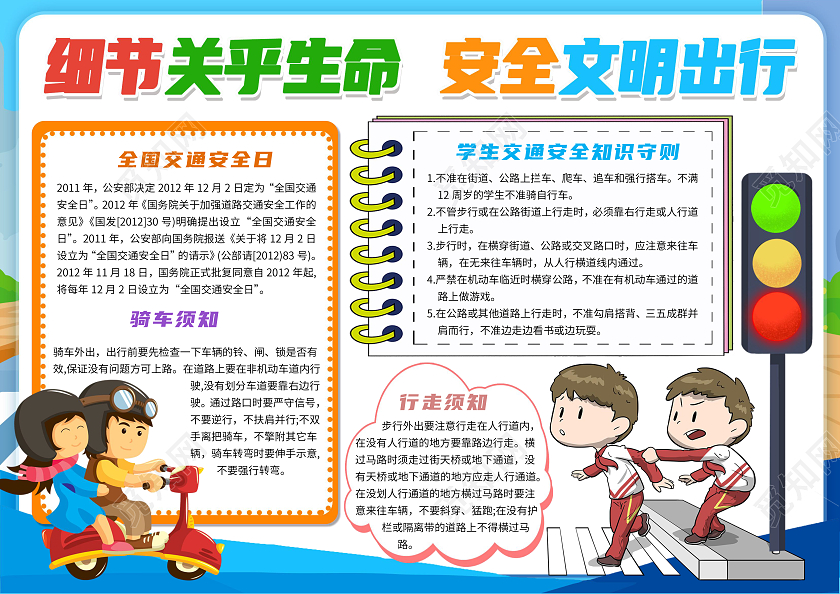 蓝色卡通细节关乎生命 安全文明出行全国交通安全日卡通小报手抄