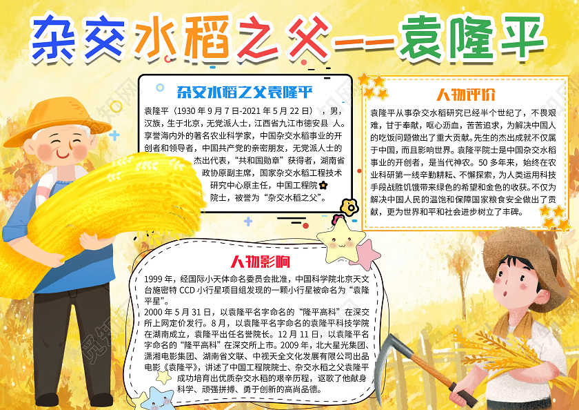 黄色卡通杂交水稻之父袁隆平科学家杰出人物小报手抄报