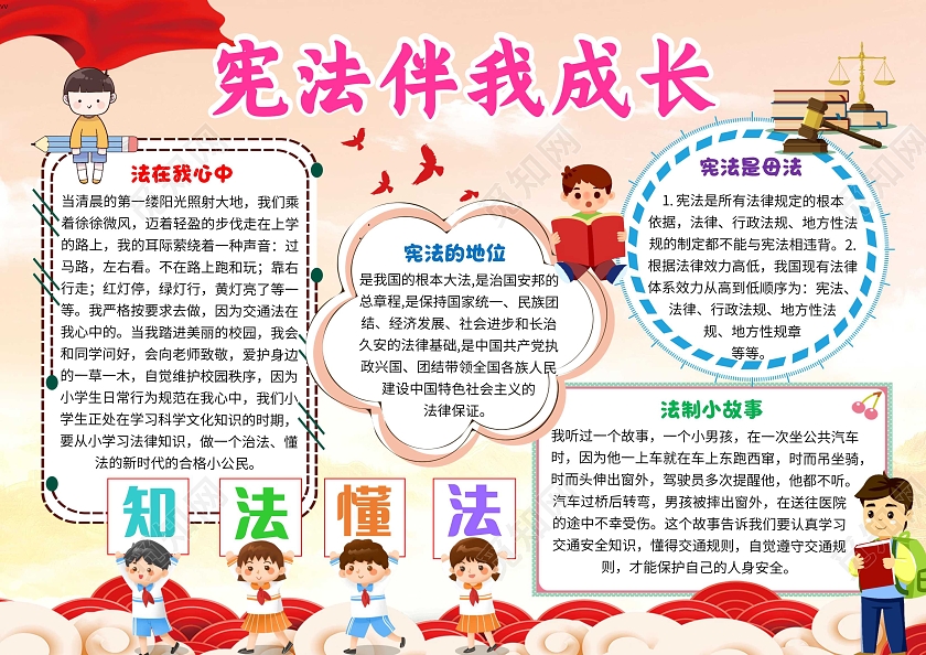 黄色卡通宪法伴我成长宪法伴我行卡通小报手抄报