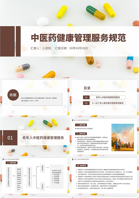 棕色中国风简约大气中医药健康管理服务规范PPT模板