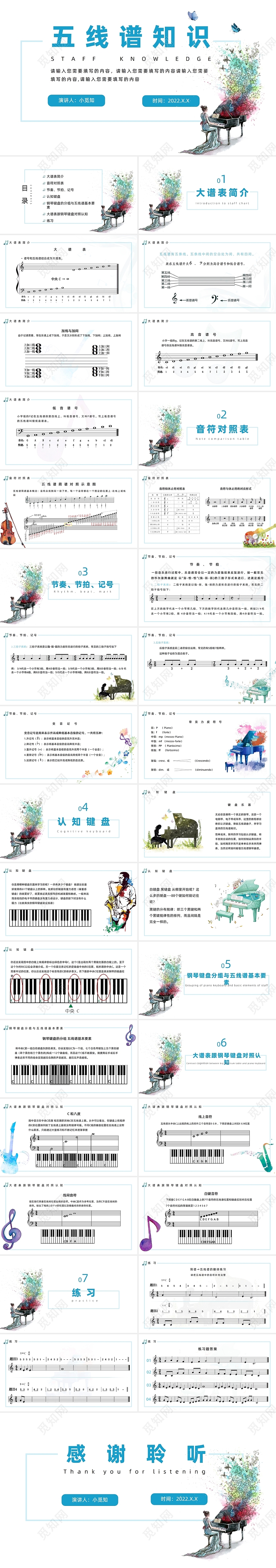 水彩   五线谱知识课件  小清新风格   音乐课件ppt