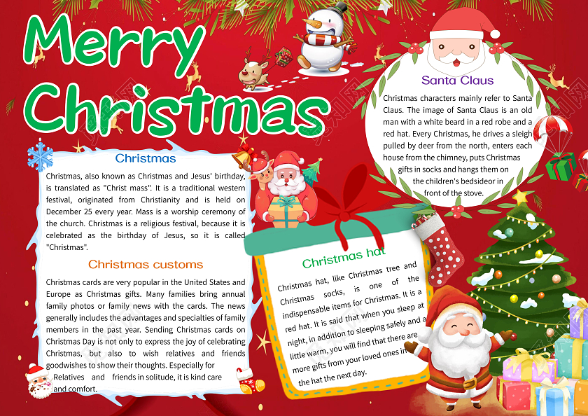 红色卡通圣诞节小报手抄报圣诞节英文小报