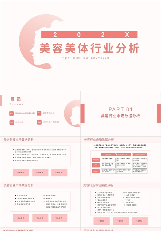 粉色红色简约美容美体行业分析PPT模板营销策划
