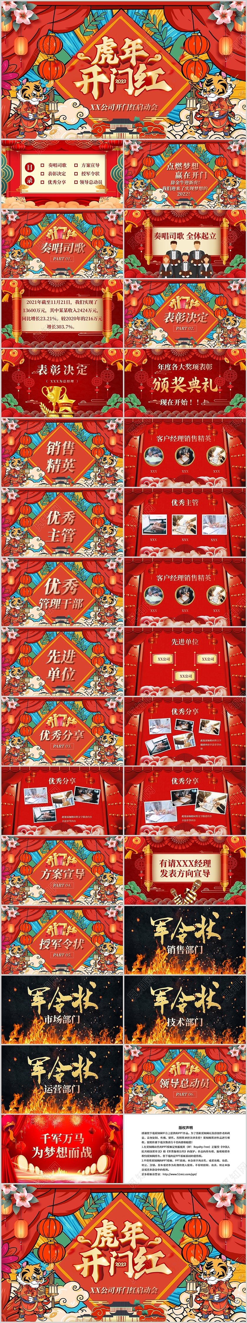 红色国潮彩色虎年开门红启动大会商务通用年会颁奖PPT模板