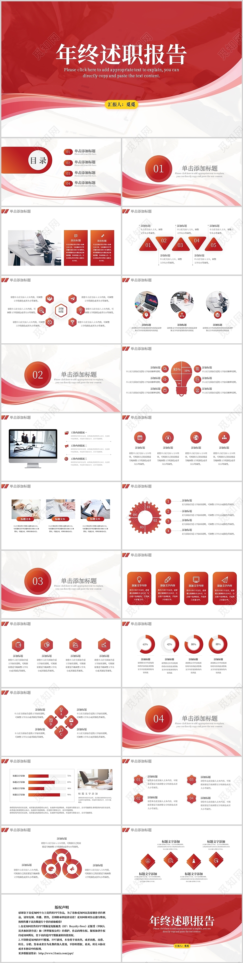 红色简约年终述职报告商务复盘工作计划项目说明PPT模板