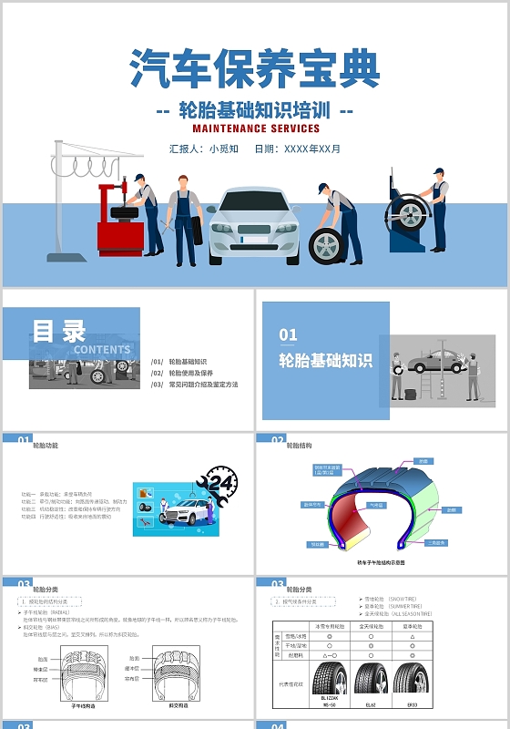 蓝色商务汽车保养宝典轮胎基础知识培训PPT模板