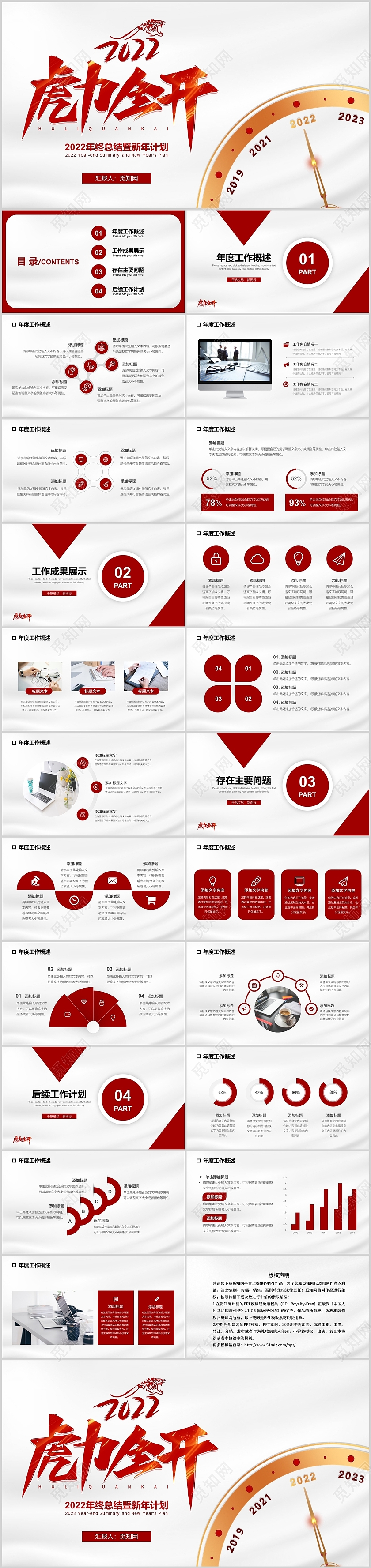 红色高端简约虎力全开商务年终总结新年计划工作汇报述职PPT2022年终总结