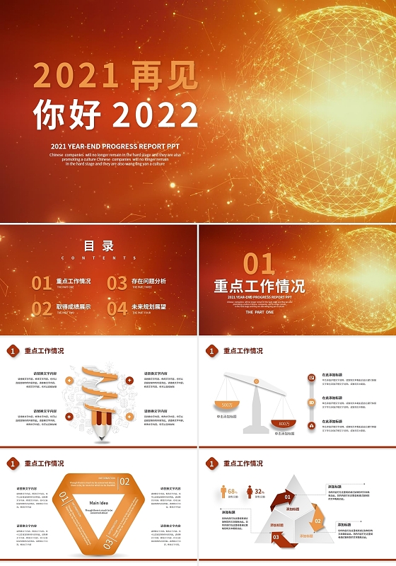 金色科技风2021年终总结2022工作计划商务PPT2021再见你好2022