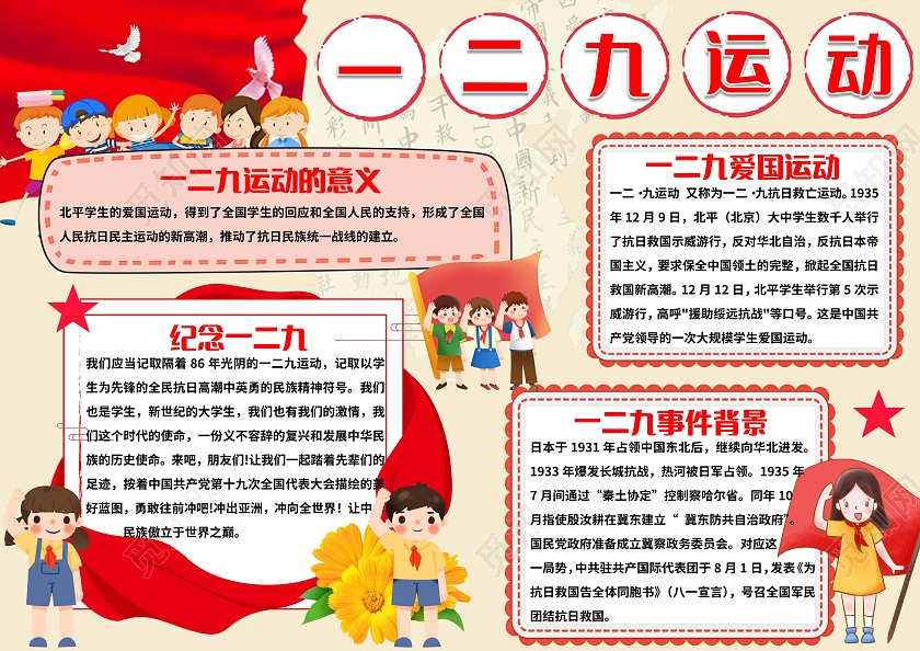 黄色卡通一二九运动一二九爱国运动小报手抄报爱国小报手抄报