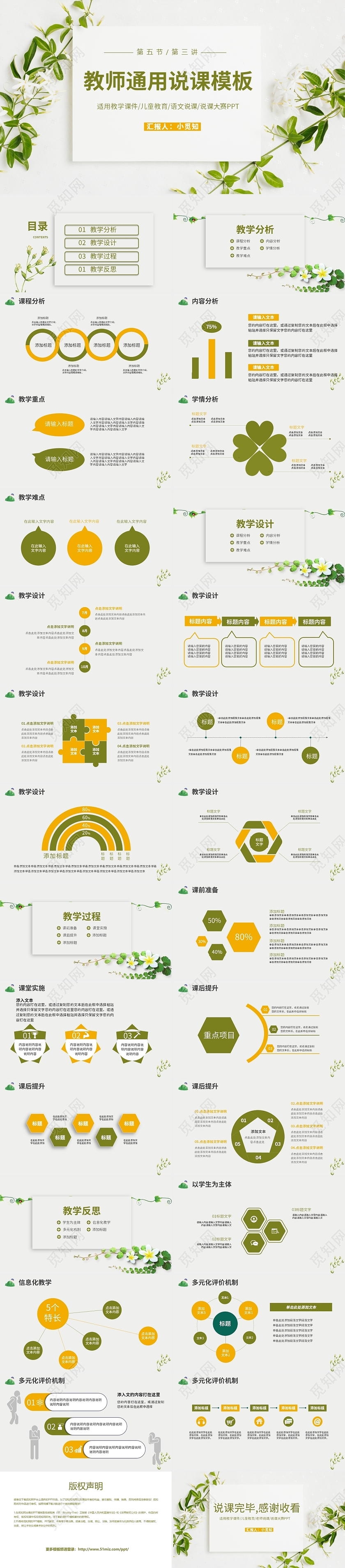 淡绿色小清新典雅教师通用说课ppt模板语文说课