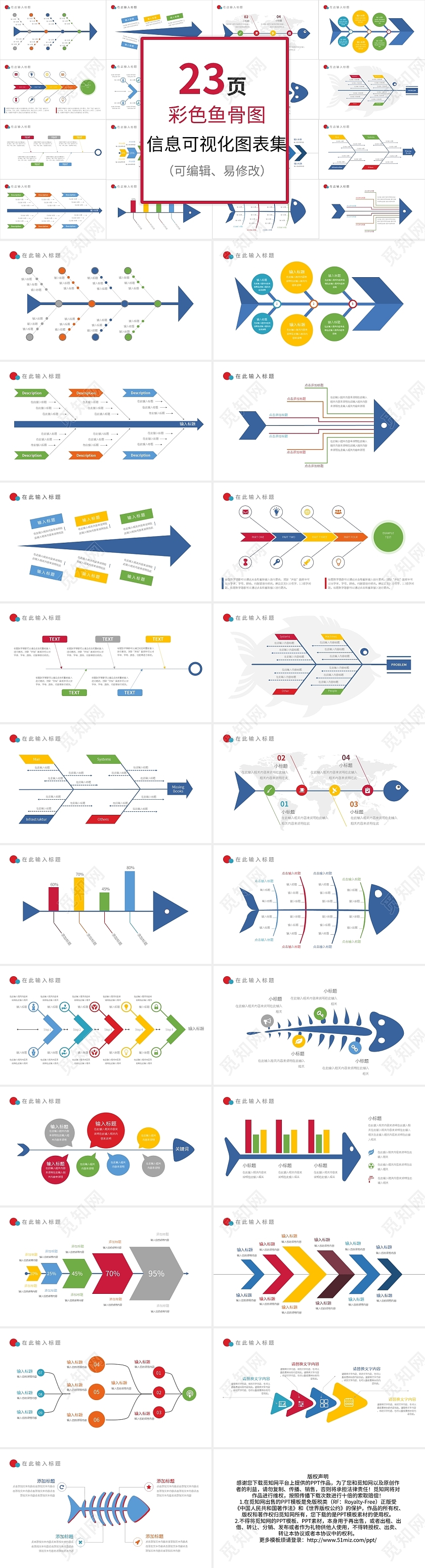 彩色鱼骨图集合信息可视化图表集PPT模板宣传PPT动态PPT