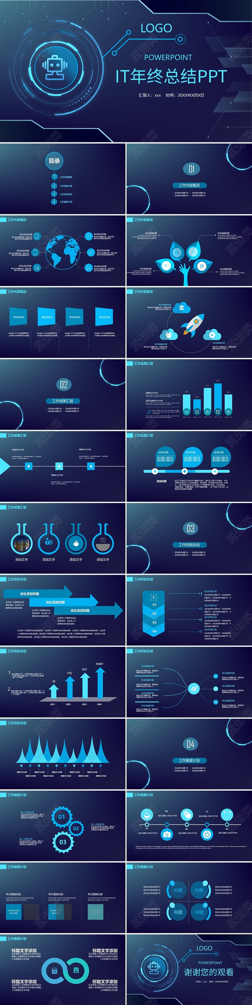 蓝色科技商务IT工作总结PPT模板it年终总结