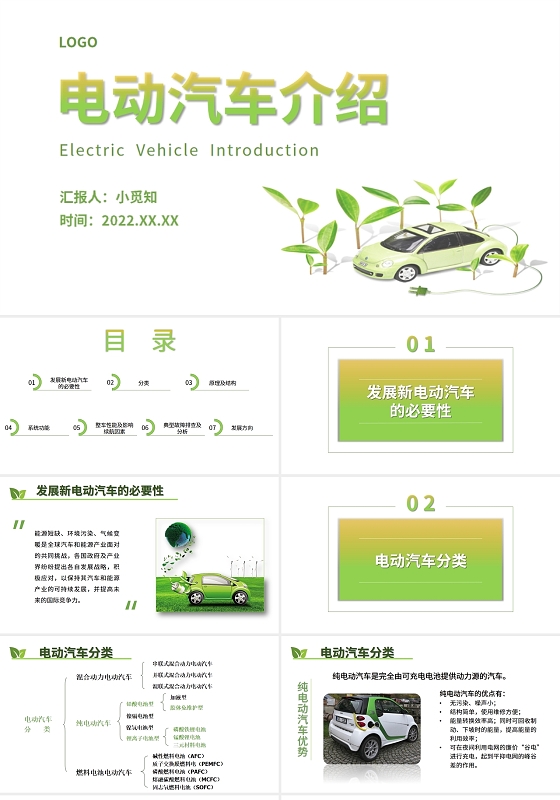 绿色简约风小清新电动汽车介绍PPT