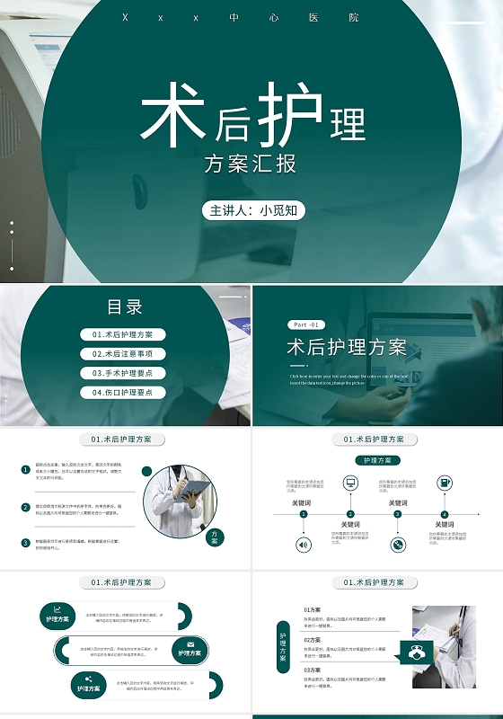 绿色简约术后护理方案汇报PPT模板宣传PPT动态PPT术后护理工作汇报