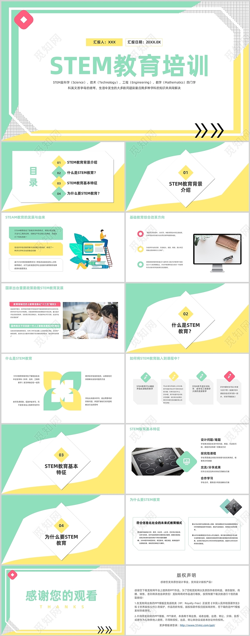 黄绿色简约风STEAM教育培训PPT模板stem教育培训