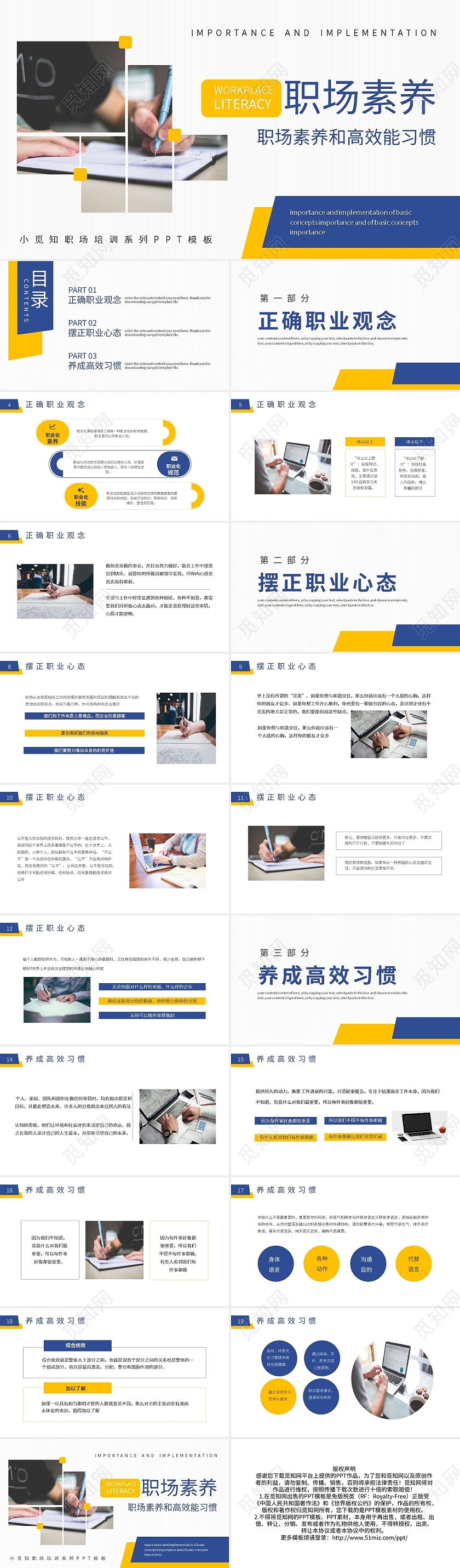 黄蓝双色职场素养和高效能习惯培训PPT模板宣传PPT动态职场素养企业培训