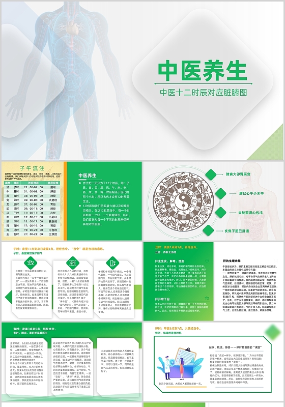 绿色简约风中医养生中医十二时辰对应脏腑图PPT模板中医健康管理方案