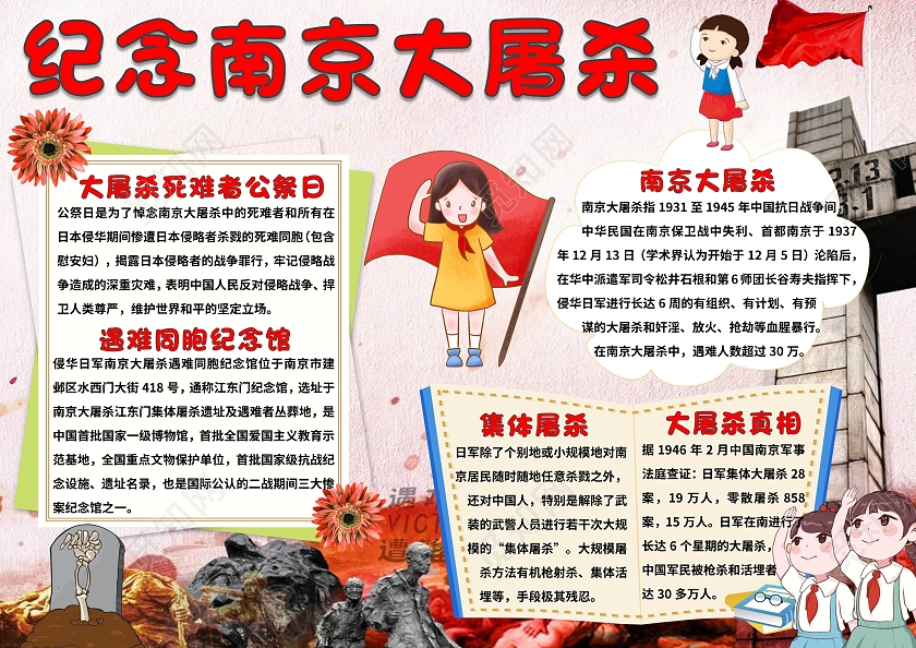 粉色卡通纪念南京大屠杀小报手抄报小学生小报手抄报