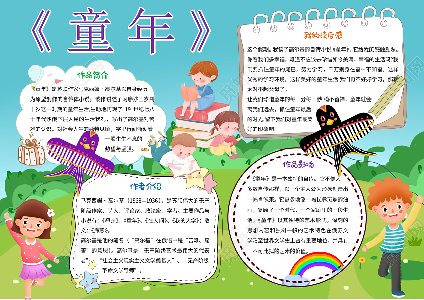 绿色卡通童年小报手抄报童年读后感小报手抄报