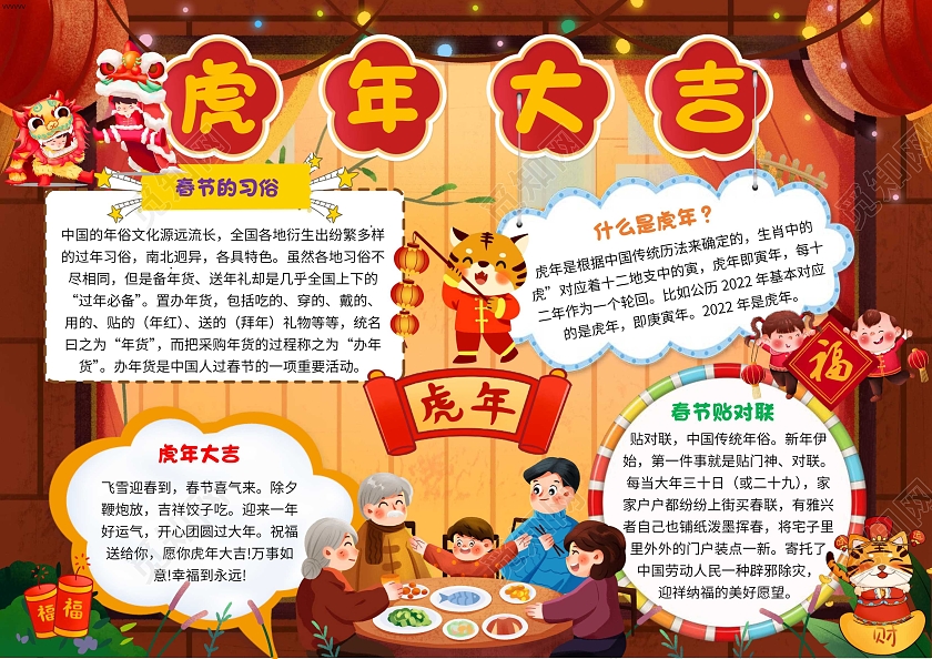 黄色卡通虎年大吉卡通小报手抄报