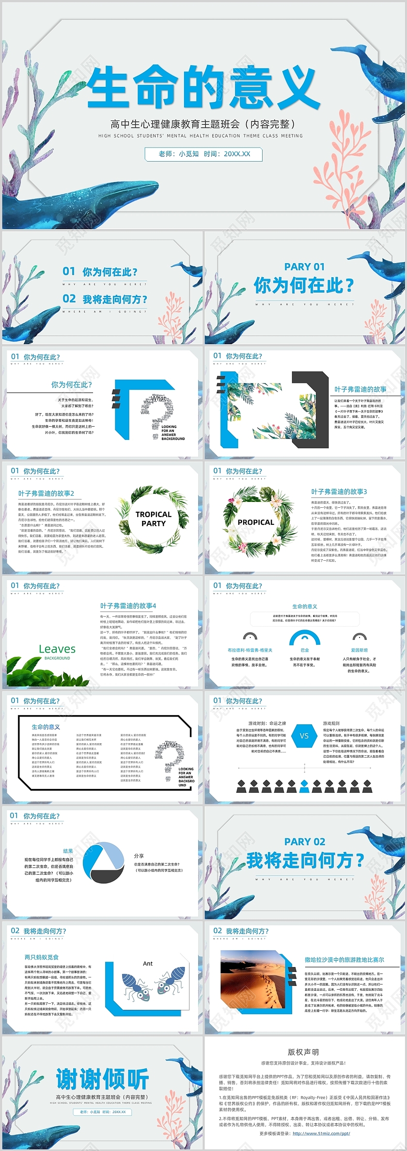 蓝色卡通风生命的意义高中生心理健康教育主题班会PPT生命教育