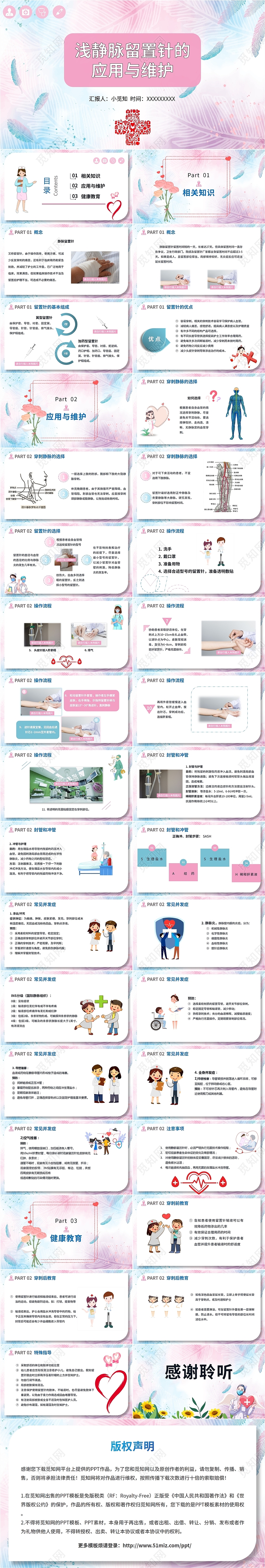 粉色简约医院医疗护士浅静脉留置针的应用与维护汇报说课培训模板静脉输液