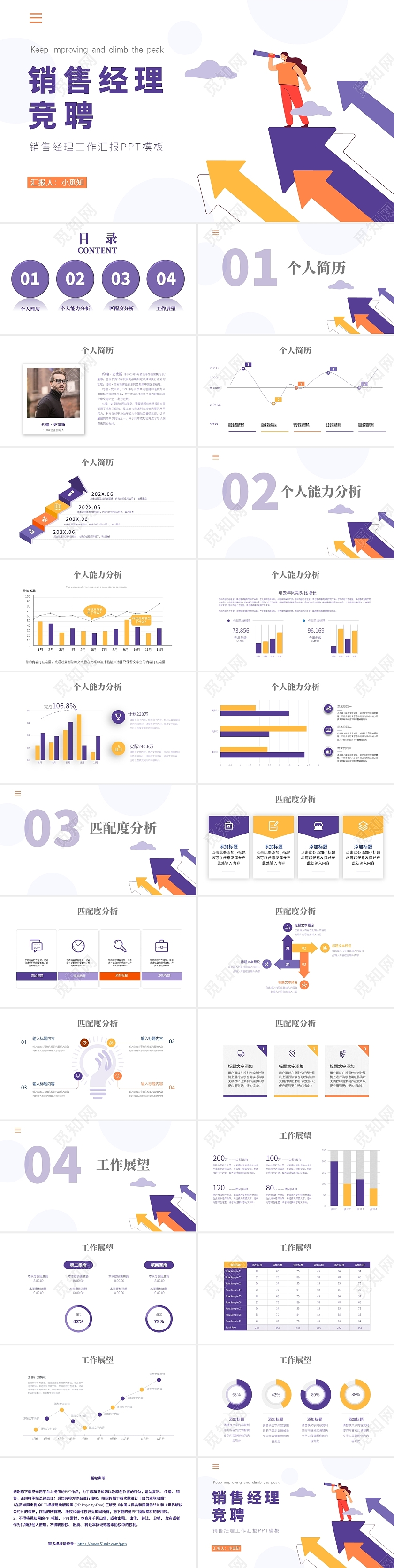 紫黄色卡通风多图表销售经理竞聘ppt模板