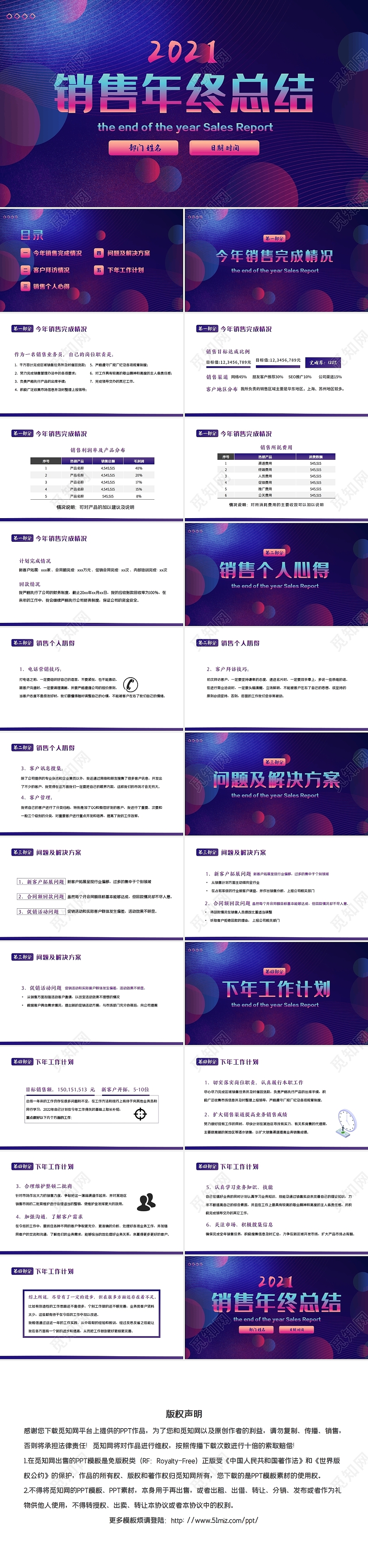 紫色大气时尚2021销售年终工作总结PPT模板年终总结