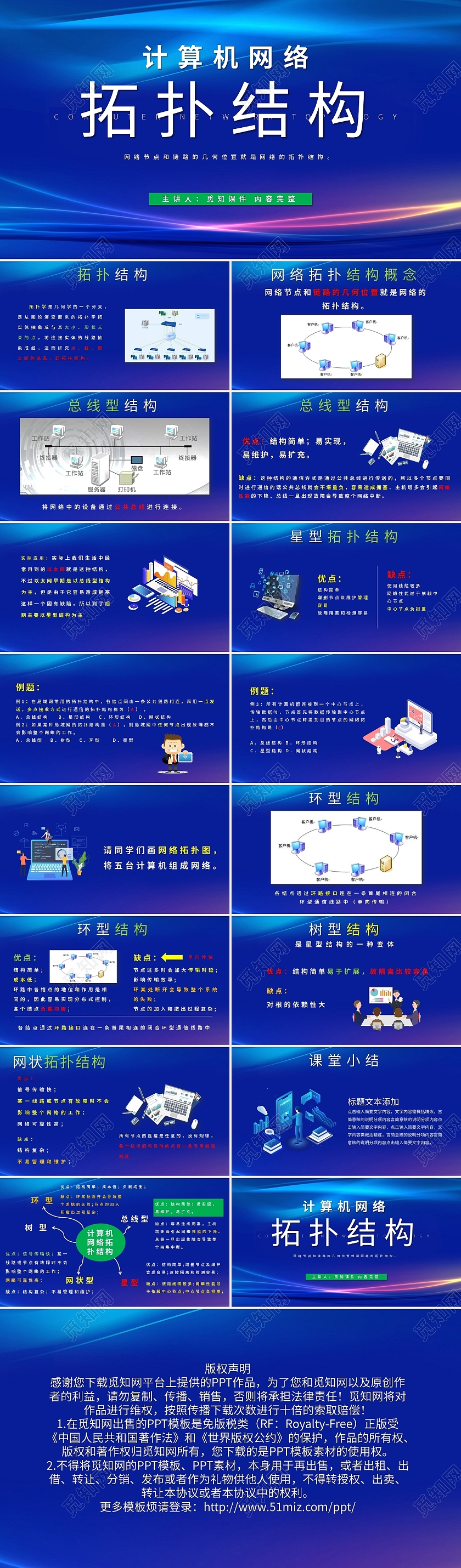 计算机网络说课拓扑结构蓝色简约PPT模板宣传PPT动态PPT计算机说课