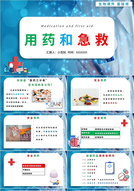 蓝色简约大气医院医疗医生护士用药和急救知识汇报说课培训模板