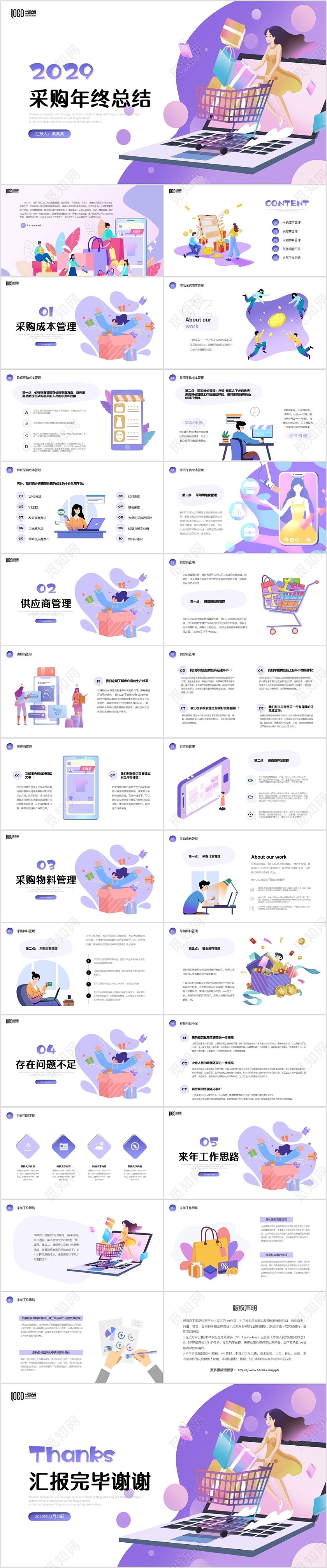 淡紫色手绘插画公司采购年终工作总结电商购物管理汇报PPT年终总结