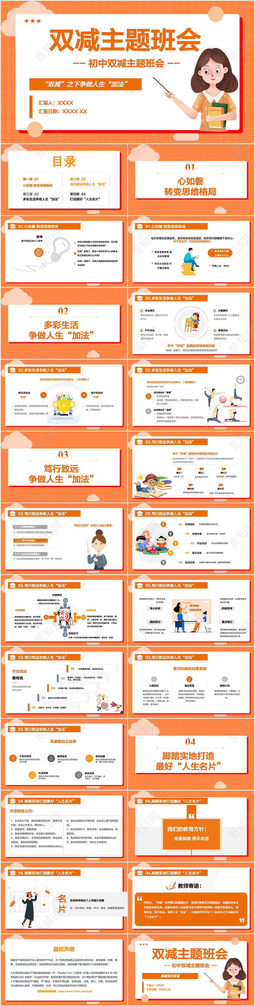橙色扁平化风格双减教育主题班会初中版