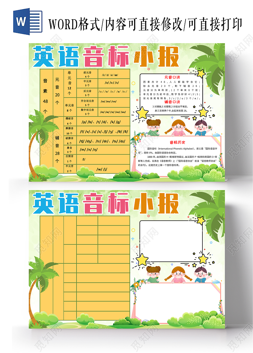 绿色卡通背景英语音标小报手抄报