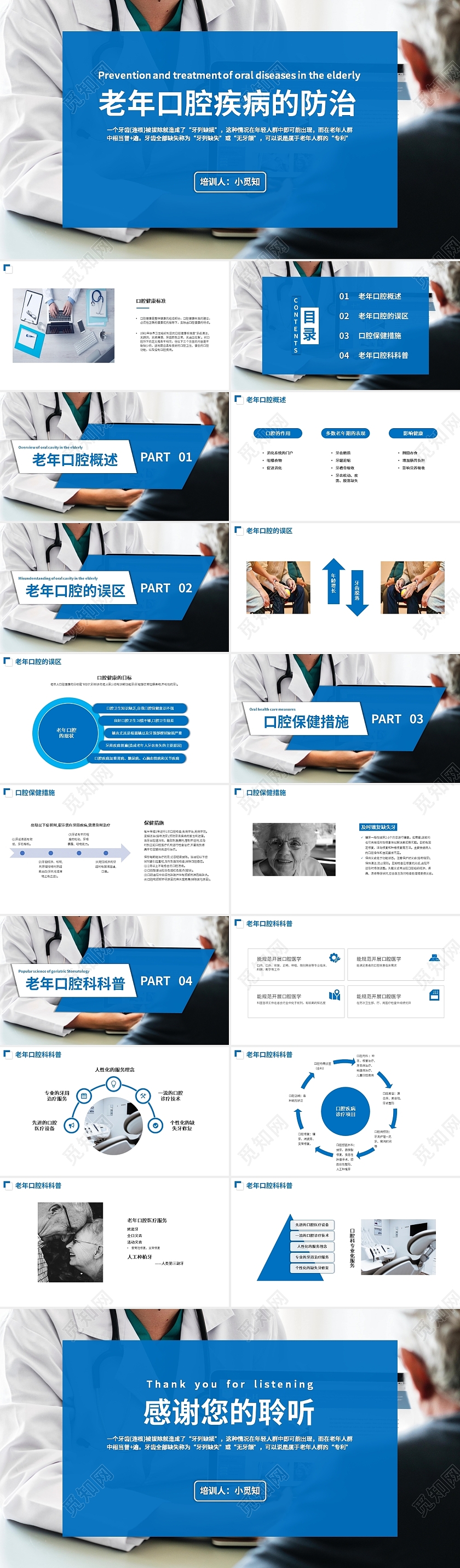 蓝色商务风格老年口腔疾病的防治课件PPT