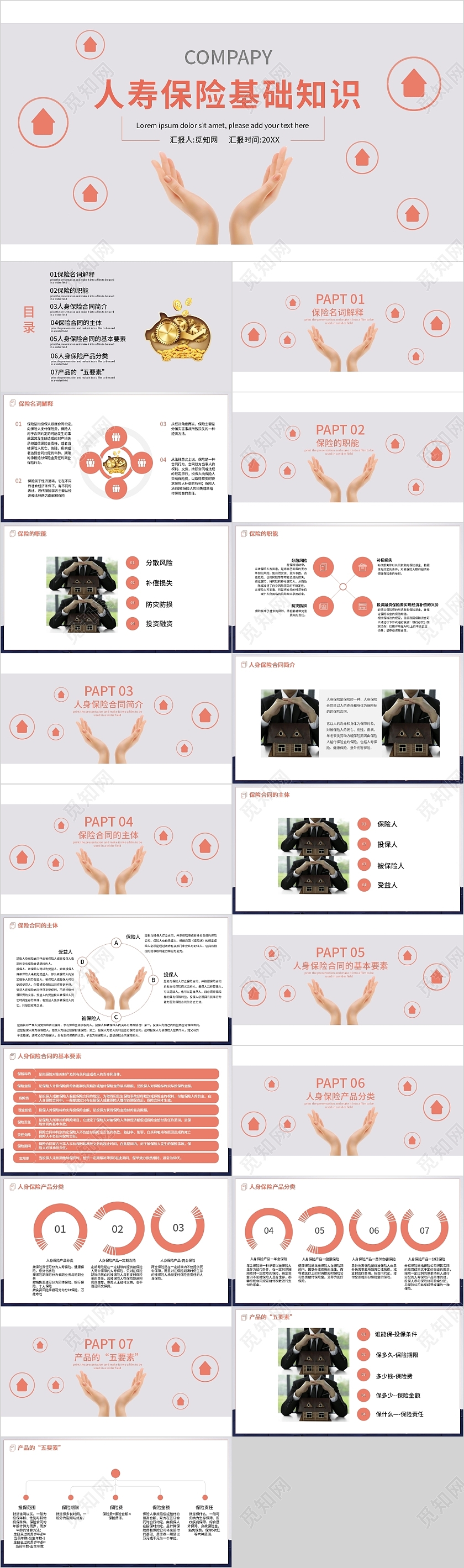 橙色商务简约人寿保险基础知识PPT模板保险金融