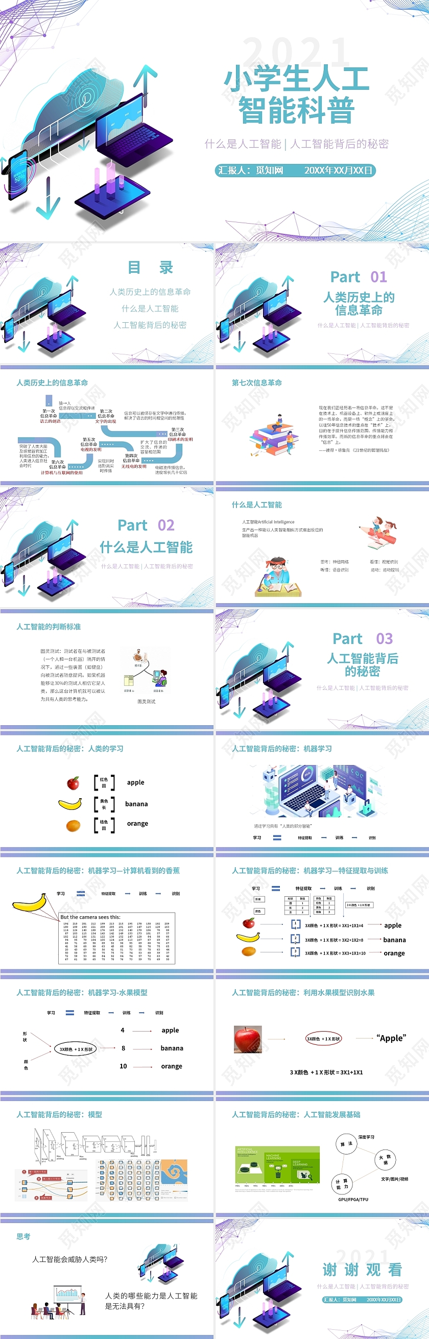 蓝绿科技风简约水彩小学生科普人工智能PPT课件PPT模板